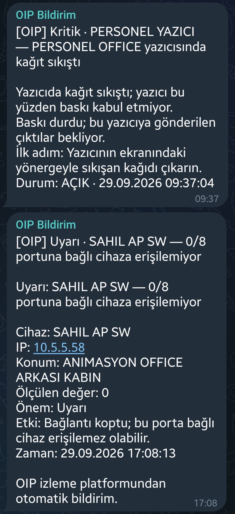 Telegram'a gelen OIP bildirimleri: yazıcıda kağıt sıkıştı ve bir switch portuna bağlı cihaza erişilemiyor; her mesajda etki, ilk adım, durum ve zaman yazılı.