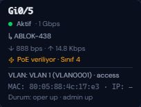 5. portun üzerine gelince açılan kart: aktif, 1 Gbps; bağlı cihaz; anlık giriş ve çıkış trafiği; PoE veriliyor, sınıf 4; VLAN 1, access; MAC adresi; durum: oper up, admin up.